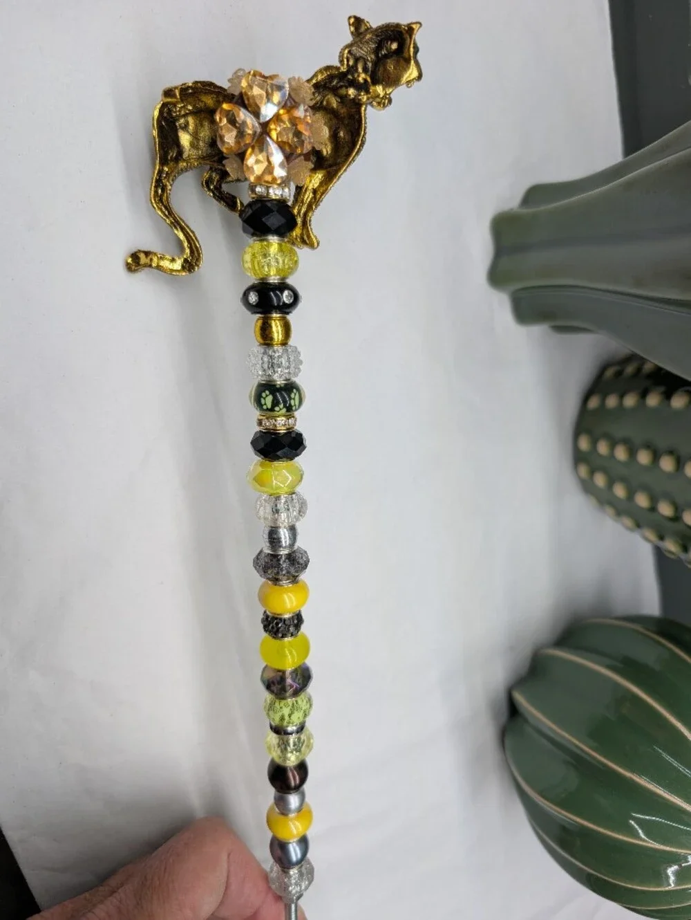 Hand Made Beaded Fairy Wand/Plant/Garden Stake W/Crystal Cheetah/Leopard Topper